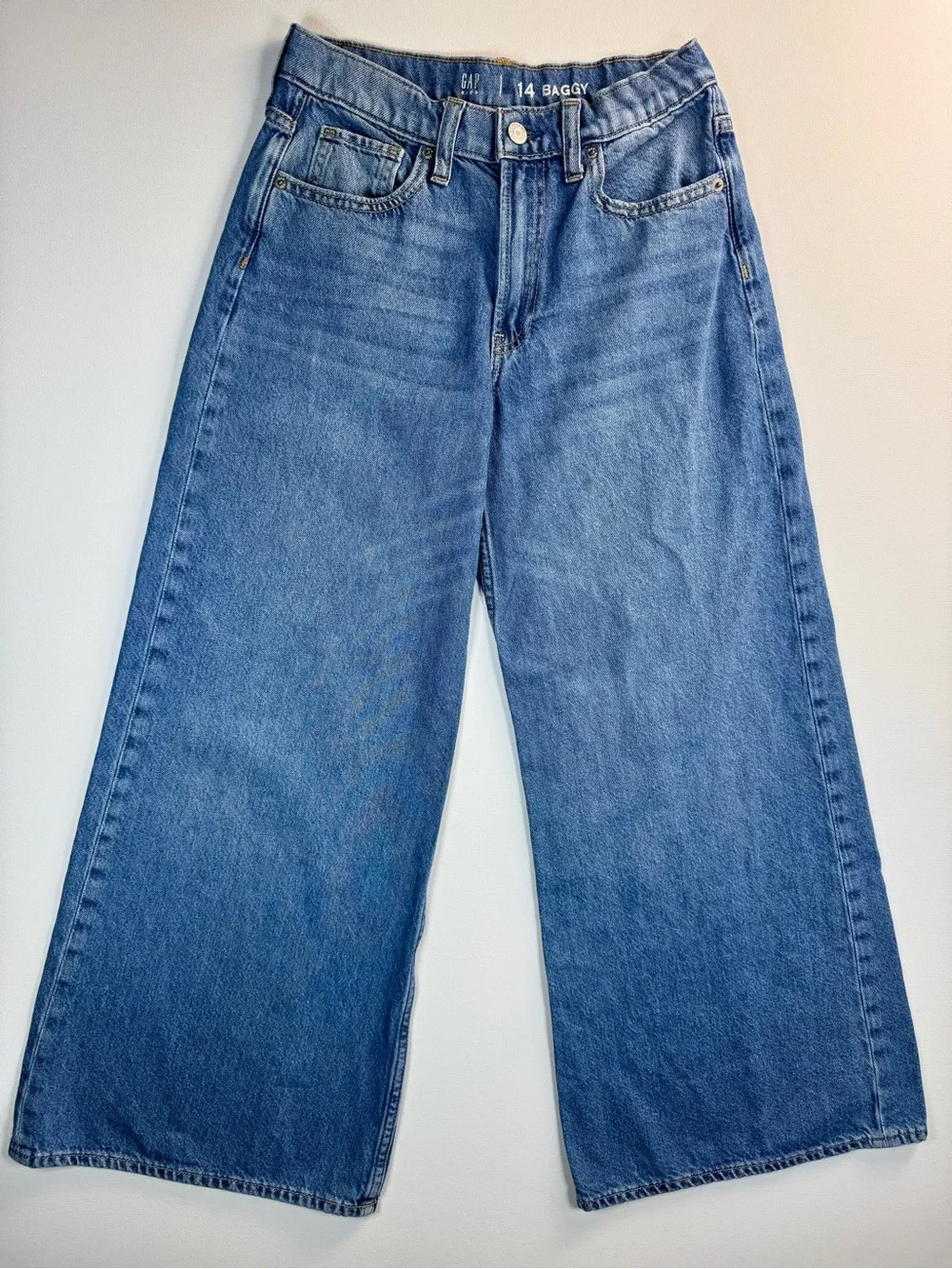 GAP KIDS Girls Baggy Wide Leg Denim Jeans Medium Wash Adjustable Size 14 Cotton